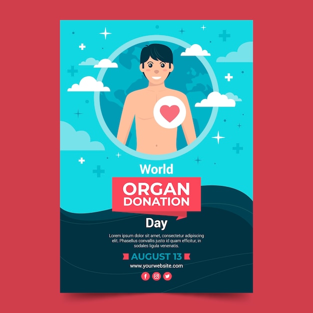 Vector plantilla de póster vertical del día mundial plano de la donación de órganos