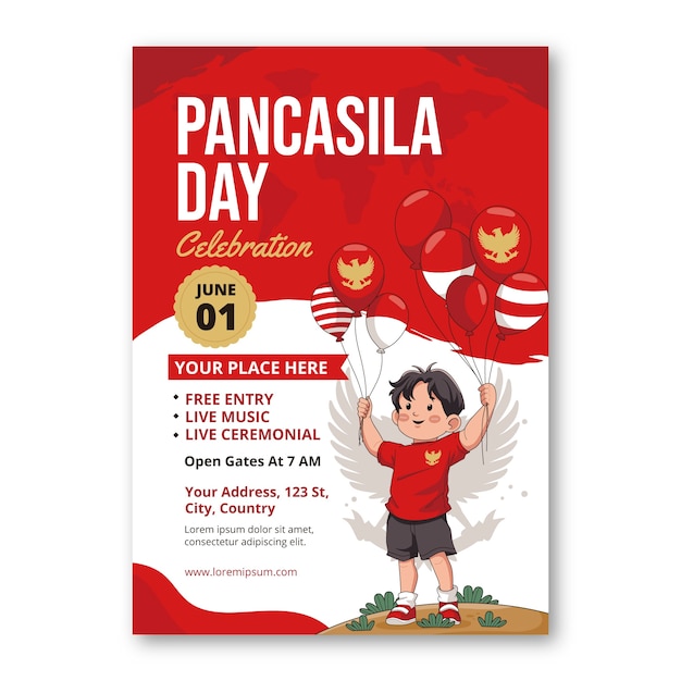 Vector plantilla de póster vertical del día del pancasila indonesio dibujado a mano