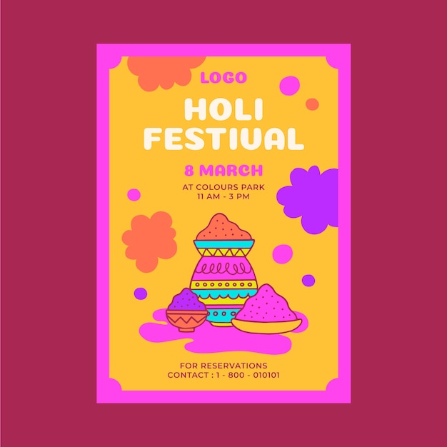 Vector plantilla de póster vertical dibujado a mano para la celebración del festival holi