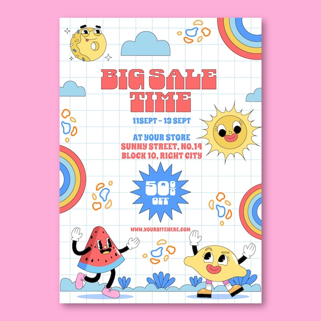 Plantilla de póster vertical de dibujos animados de buenas vibraciones dibujada a mano