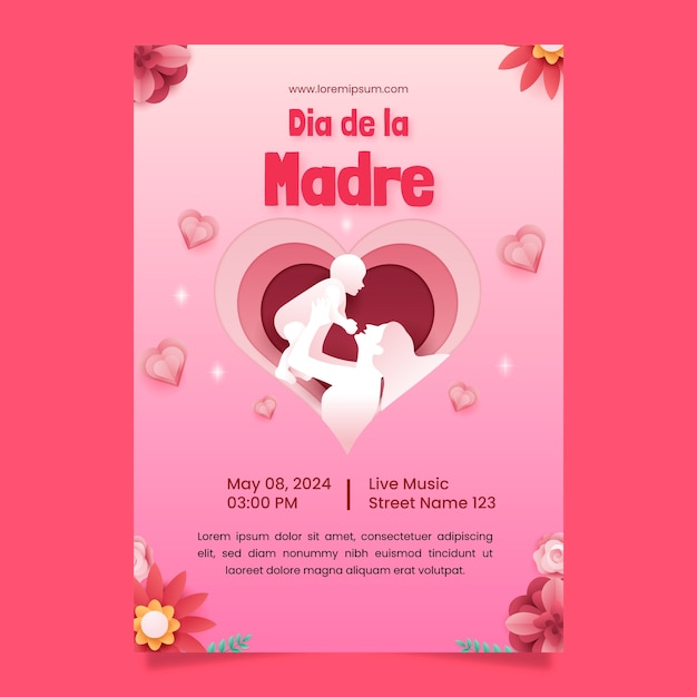 Plantilla de póster vertical de estilo papel para la celebración del día de la madre en español