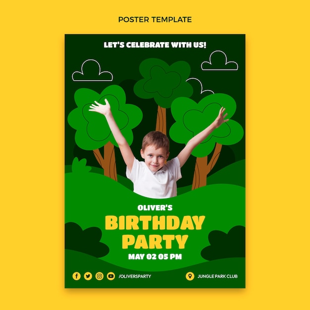 Vector plantilla de póster vertical de fiesta de cumpleaños de selva plana