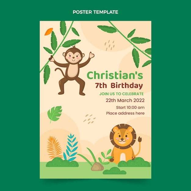 Plantilla de póster vertical de fiesta de cumpleaños de selva plana