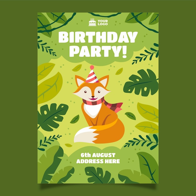 Plantilla de póster vertical de fiesta de cumpleaños de selva plana