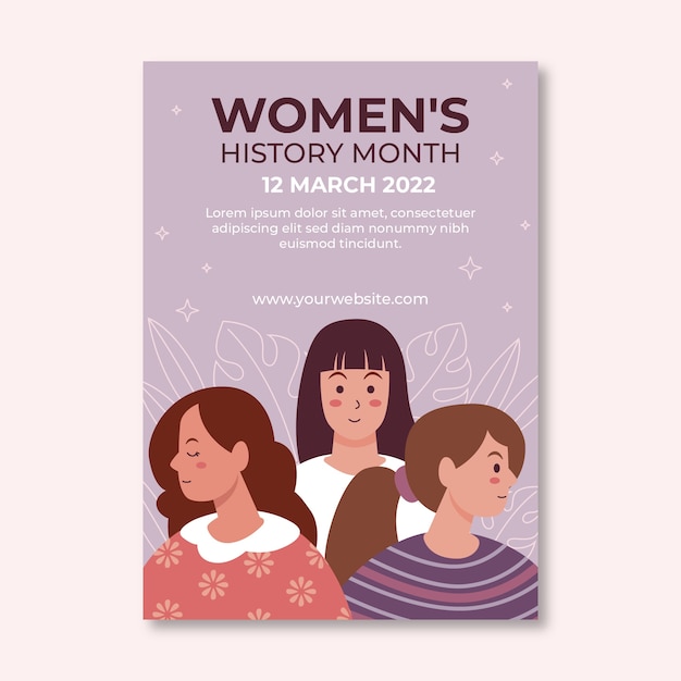 Plantilla de póster vertical del mes de la historia de la mujer plana