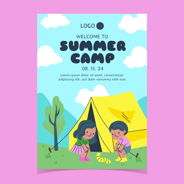 Plantilla de póster vertical plana para campamento de verano