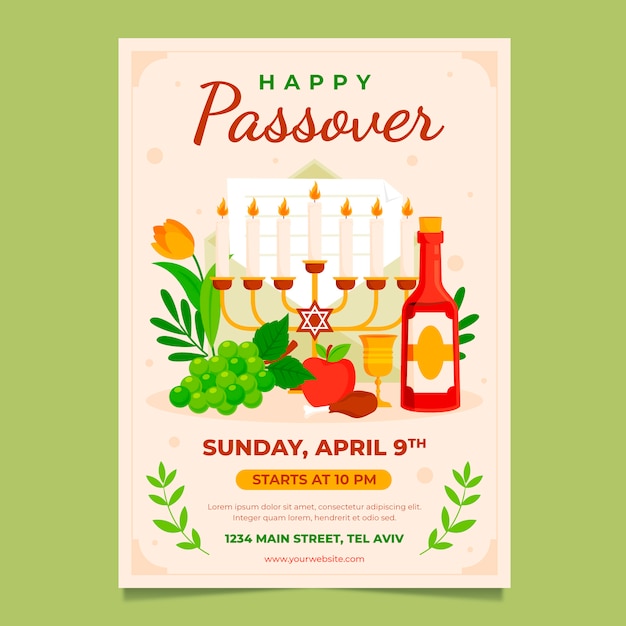 Vector plantilla de póster vertical plano para la celebración de la pascua judía