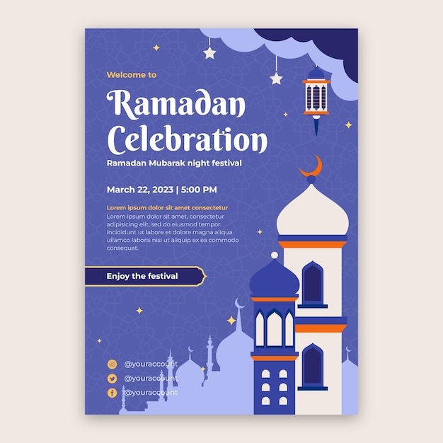 Plantilla de póster vertical plano para la celebración del ramadán islámico