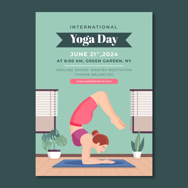 Vector plantilla de póster vertical plano para el día internacional del yoga