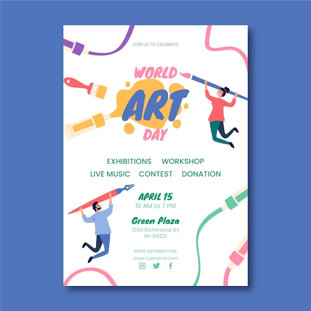 Vector plantilla de póster vertical plano del día mundial del arte