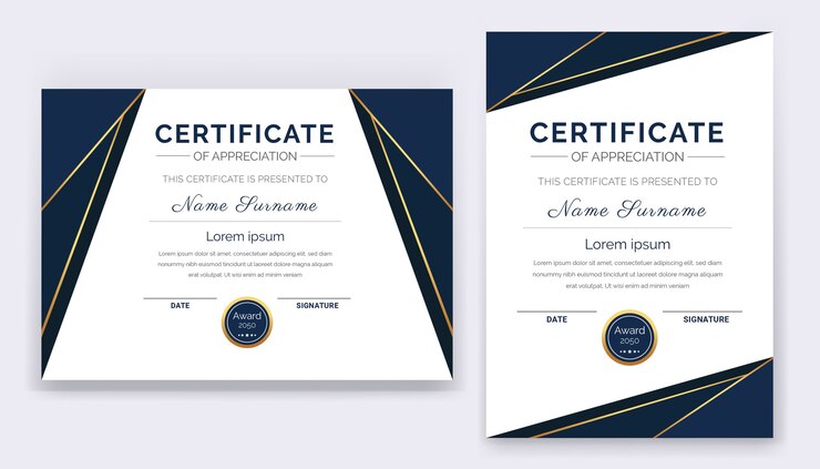 Plantilla de premio de certificado de reconocimiento moderno y profesional con formas e insignia azules y doradas.