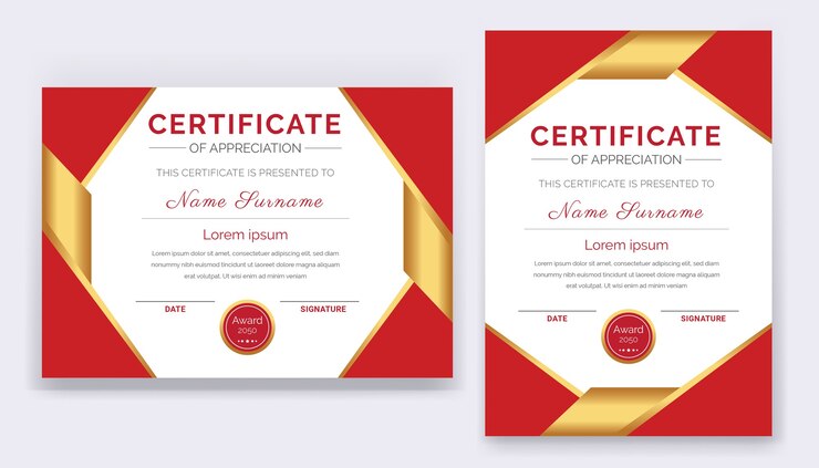 Plantilla de premio de certificado de reconocimiento moderno y profesional con formas e insignias rojas y doradas.