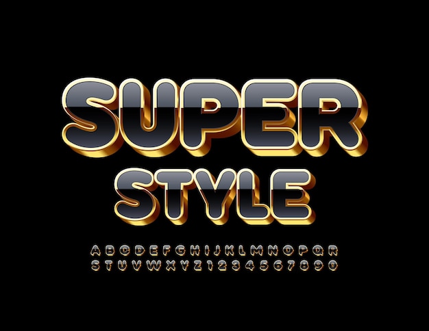 plantilla premium Super Style. Fuente brillante negra y dorada. Conjunto de letras y números de alfabeto de lujo 3D