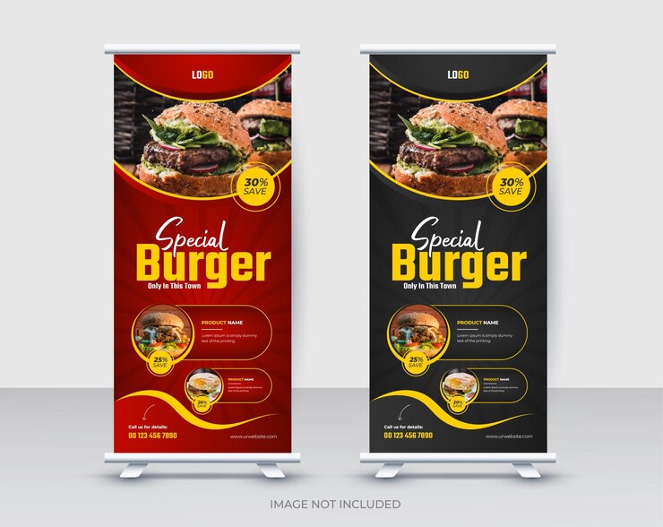 Plantilla premium de vector de diseño de menú de comida de banner enrollable de hamburguesa
