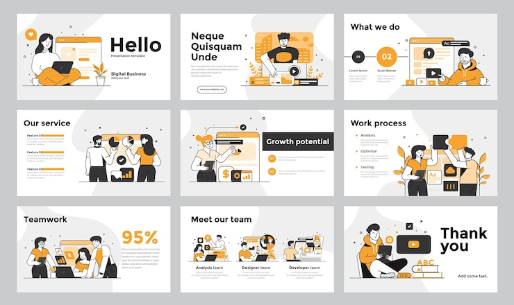 Vector plantilla de presentación y diseño de diapositivas con gente de negocios en estilo de diseño plano