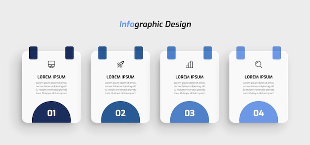 Plantilla de presentación de elementos infográficos con iconos de color azul de etiqueta rectangular y 4 números
