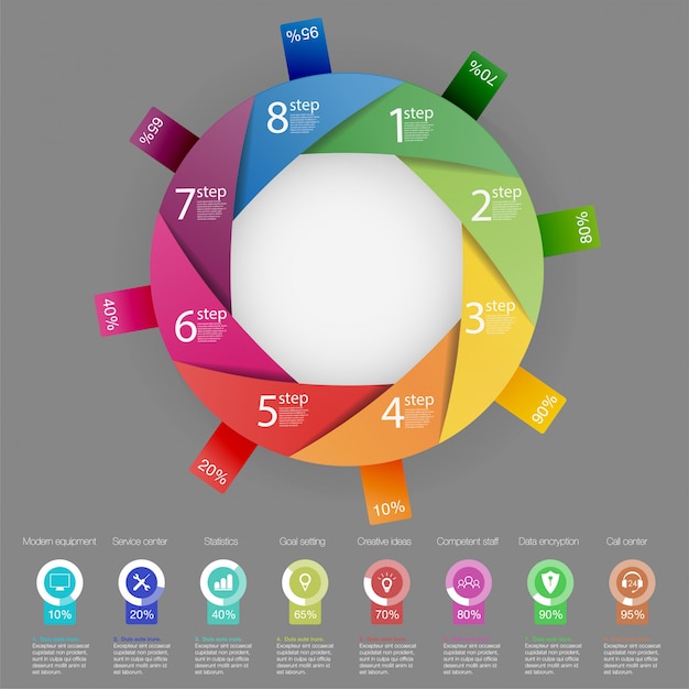 Plantilla de presentación empresarial infografía con 8 opciones.