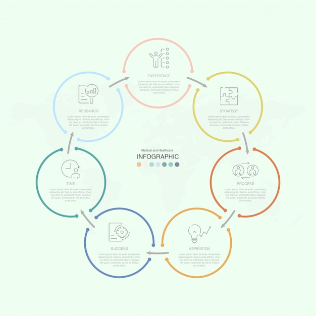 Plantilla de presentación empresarial infografía con iconos y 7 opciones o pasos.
