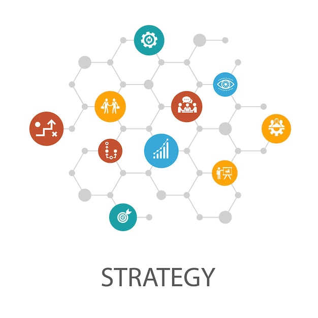 Plantilla de presentación de estrategia, diseño de portada y objetivo de infografía, crecimiento, proceso, iconos de trabajo en equipo