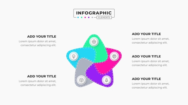 Plantilla de presentación de infografía de negocios creativa con 5 pasos u opciones