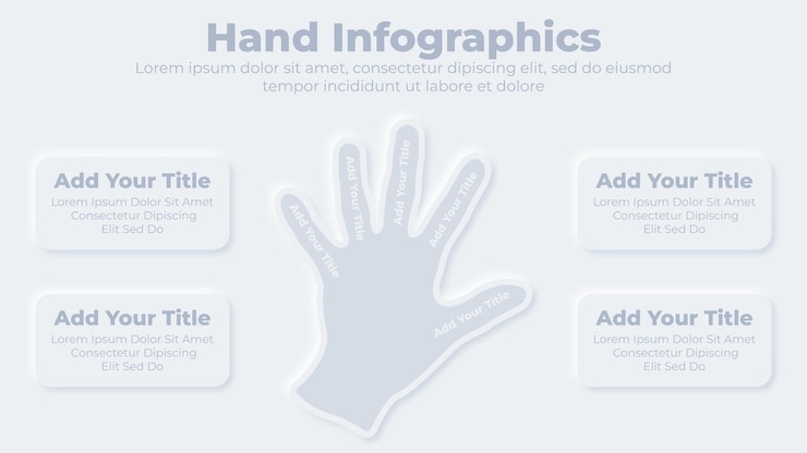 Vector plantilla de presentación infográfica de mano neumórfica con cinco dedos