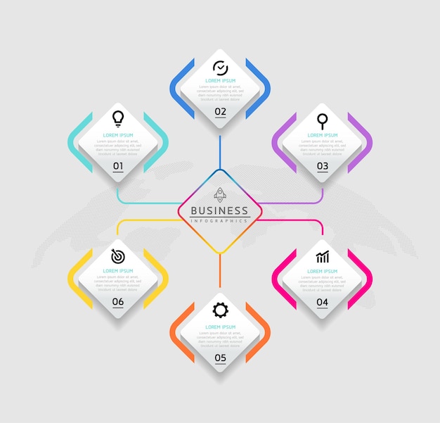 Plantilla de presentación de negocios de infografía vectorial conectada con 6 opciones
