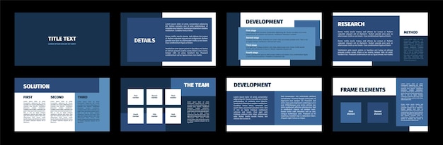 plantilla de presentación rectángulos azules diseño plano fondo blanco 8 diapositivas título detalle desarrollo investigación solución equipo elemento marco