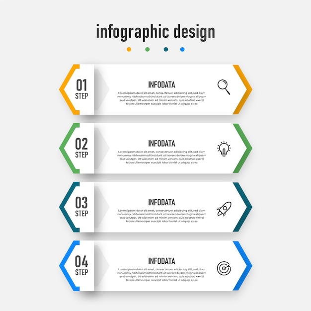 Plantilla profesional elegante de diseño de infografía empresarial de presentación con 4 pasos Vector Premium