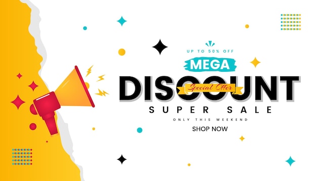 plantilla de promoción de banner de mega descuento con megáfono 3D en fondo rojo etiqueta de oferta especial