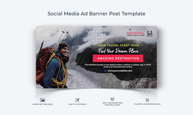 Plantilla de publicación de banner de anuncio de Facebook de redes sociales de viajes de aventura vector premium