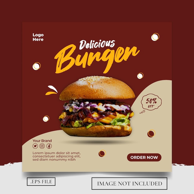 Plantilla de publicación de banner de promoción de redes sociales de deliciosa hamburguesa