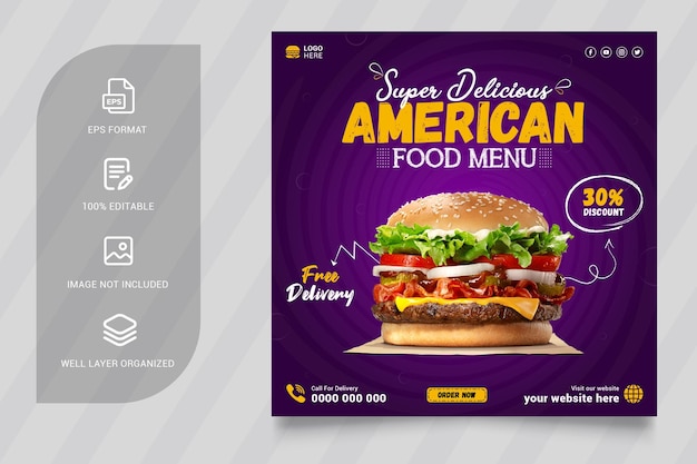 Plantilla de publicación de banner de redes sociales de comida deliciosa de American Special Burger