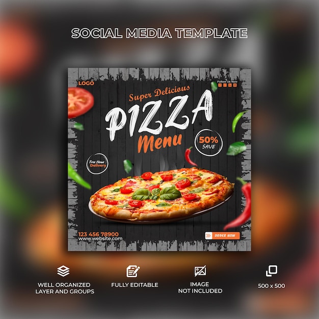 Plantilla de publicación de banner de redes sociales de comida de pizza súper deliciosa