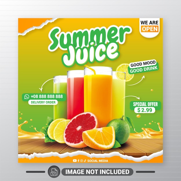 Plantilla de publicación de banner de redes sociales de menú de jugo de verano