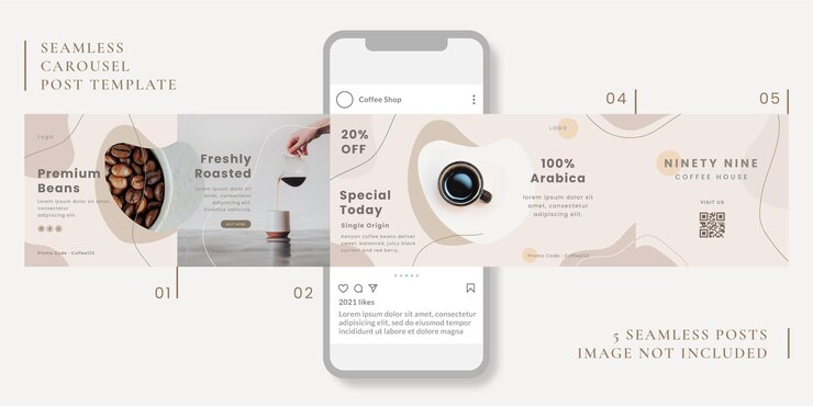 Plantilla de publicación de carrusel transparente con tema de café para redes sociales.