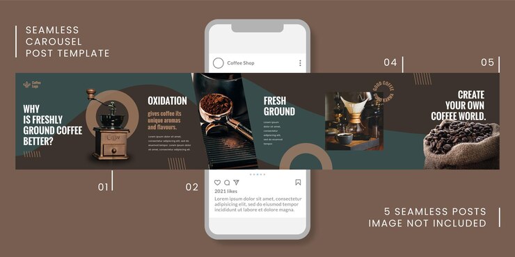 Plantilla de publicación de carrusel transparente con tema de café para redes sociales.