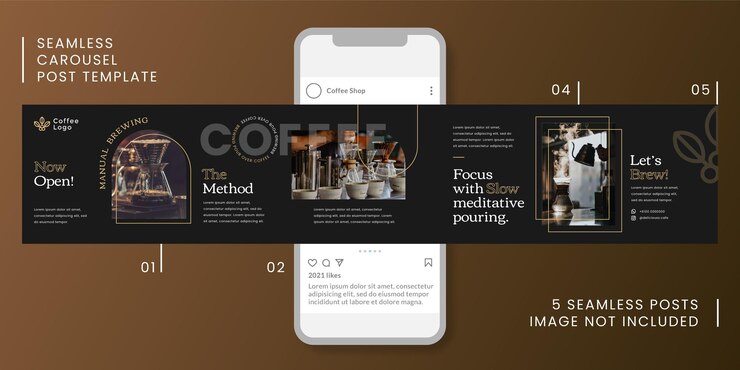 Plantilla de publicación de carrusel transparente con tema de café para redes sociales.