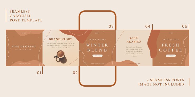 Plantilla de publicación de carrusel transparente con tema de café para redes sociales
