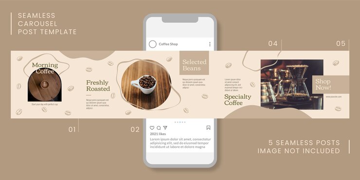 Plantilla de publicación de carrusel transparente con tema de café para redes sociales.