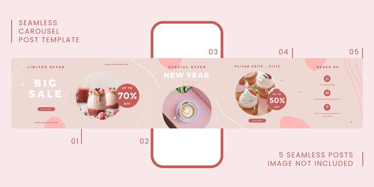 Plantilla de publicación de carrusel transparente con tema gastronómico para redes sociales.