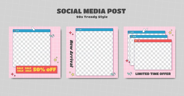 Plantilla de publicación cuadrada de instagram editable en color rosa con estilo de dibujos animados retro de moda de los 90