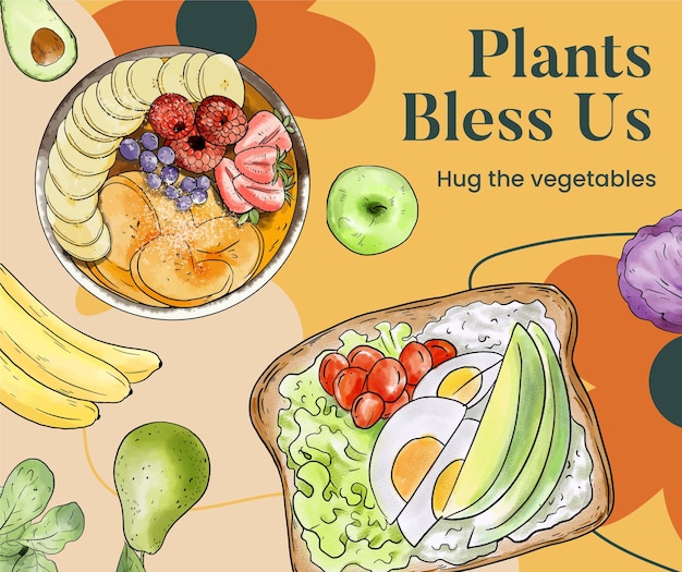 Vector plantilla de publicación de facebook con concepto de comida vegana estilo acuarela