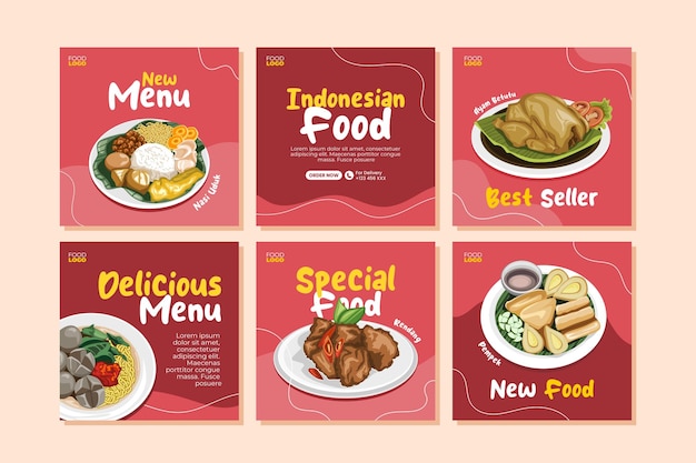 Vector plantilla de publicación de ilustraciones de comida indonesia en las redes sociales