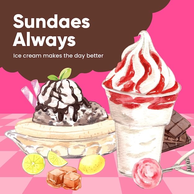 Plantilla de publicación de instagram con concepto de helado sundae estilo acuarela