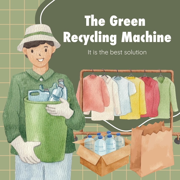 Vector plantilla de publicación de instagram con concepto de reciclaje global estilo acuarela