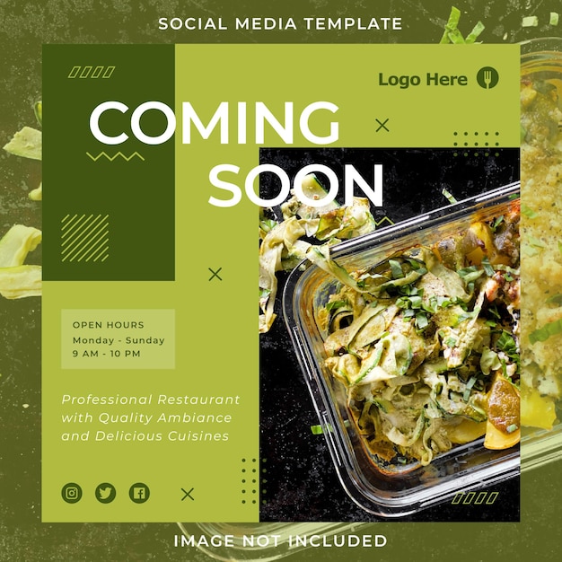 Plantilla de publicación de instagram de diseño de menú de restaurante próximamente