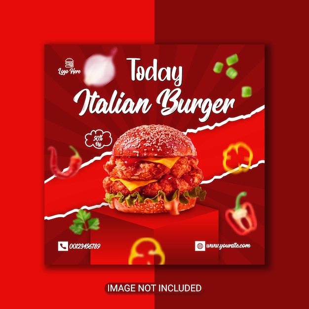 Vector plantilla de publicación de instagram de hamburguesa de comida súper deliciosa diseño de publicación de redes sociales de banner de hamburguesa de menú de comida