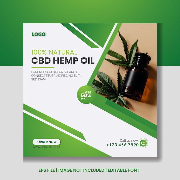 Plantilla de publicación de instagram de productos de aceite de cáñamo cbd y folleto cuadrado