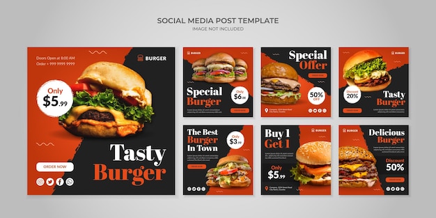 Plantilla de publicación de instagram de redes sociales de hamburguesa sabrosa