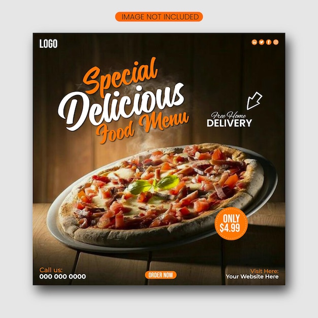 plantilla de publicación en las redes sociales Anuncio de comida sana y sabrosa Menú de comida deliciosa